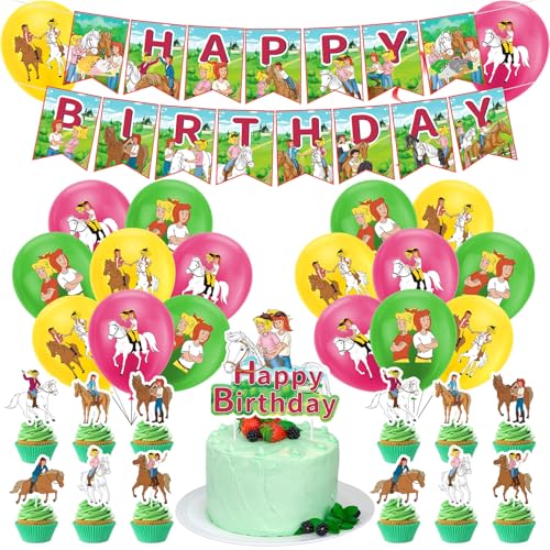 Pferde Geburtstagsdeko, Luftballons Grün Geburtstagsdeko Tortendeko Geburtstag, 32pcs Tortendeko Pferd, Mädchen Gegen Jungs-1 Happy Birthday Banner, 13 Cake Figuren Decoration, 18 Latexballon von yumcute