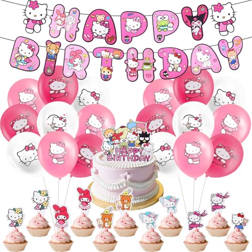 35PCS Kitty Geburtstags Deko Luftballons Cartoon Set, Kindergeburtstag Dekoration Luftballons Set mit Happy Birthday Banner Cake Topper, Geburtstags Party Dekorationen für Kinder Mädchen von yumcute