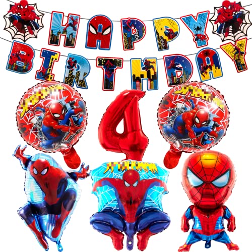 Geburtstagsdeko 4 Jahre, Spider Luftballons Jungen-Ballon Geburtstag Deko Themenparty Junge-Happy Birthday Banner, Rrunde Charakter Nummer 4 Kindergeburtstag Deko und Folienballon für Jungen von yumcute