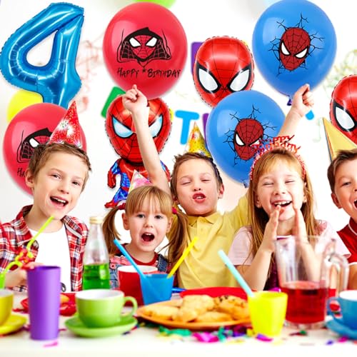 Geburtstagsdeko 4 Jahre Junge, Spider Luftballons und Ballon Geburtstag Deko Themenparty Junge, Blau Nummer 4 Ballons Kindergeburtstag Deko Latexballon und Folienballons für Happy Birthday Banner von yumcute