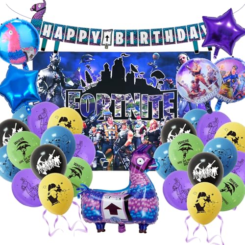 28 Stück Fortnit Geburtstagsdeko, Gaming Geburtstagsdeko Luftballons Set, Gaming Party Deko Kindergeburtstag, Geburtstag Party Set Mit Game Hintergrund, Thema Geburtstagsparty Junge von yumcute