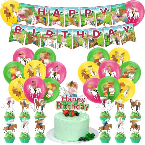 Pferde Geburtstagsdeko, Grün Geburtstagsdeko Tortendeko Geburtstag Luftballons, 32pcs Tortendeko Pferd, Mädchen Gegen Jungs-1 Happy Birthday Banner, 13 Cake Figuren Decoration, 18 Latexballon von yumcute