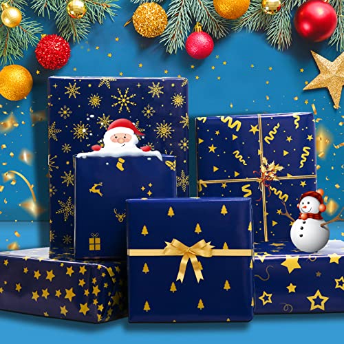 Geschenkpapier Weihnachten Edel Set, Weihnachtspapier Geschenkpapier Rollen, Recycelbares Geschenkpapier Blau, Geschenk Verpackung Papier mit Geschenkband, Weihnachts Geschenkpapier Kinder 8 Blatt von yumcute