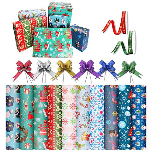 Geschenkpapier Weihnachten Kinder 10 Blatt, Weihnachtspapier Geschenkpapier Set Rolle, Recycelbares Geschenk Verpackung Papier mit Geschenkband, Weihnachts Geschenkpapier Kinder Junge und Mädchen von yumcute