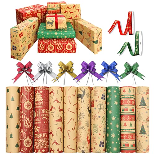 Geschenkpapier Weihnachten Set,Weihnachtspapier Geschenkpapier 10 Blatt,Recycelbares Kraftpapier Geschenk Verpackung Papier mit Geschenkband,Weihnachts Geschenkpapier Kinder Junge und Mädchen von yumcute