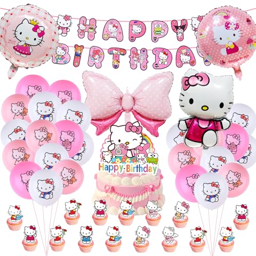 48 PCS Kity Geburtstags Deko Luftballons Cartoon Set, Kindergeburtstag Dekoration Luftballons Set mit Happy Birthday Banner Cake Topper, Geburtstags Party Dekorationen für Kinder Mädchen von yumcute