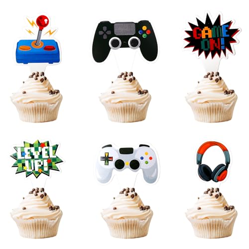 Tortendeko Geburtstag Gaming, 36 Stück Happy Birthday Cake Toppers Videospiel Thema, Muffin Cupcake Topper für Junge Mädchen Kindergeburtstag Spielkonsolen Thema Party von yumcute