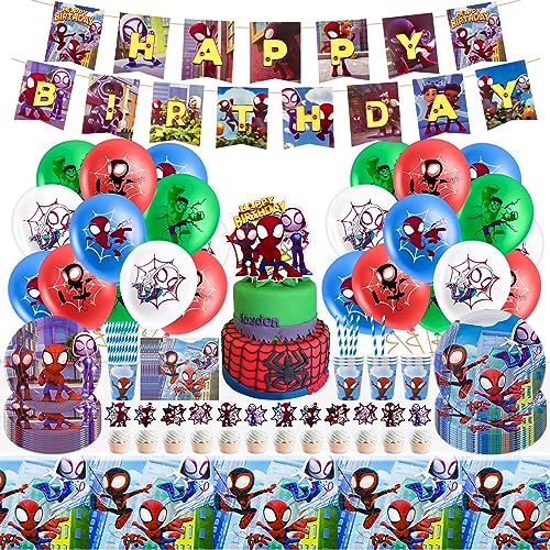 ZXX 99PCS Spidey und Seine Super-Freunde Dekoration Pappteller Kindergeburtstag, Spidey Geburtstag Party Supplies, Spidy Super Freunde Ziehen Sie Flaggenbanner Kuchen von yumcute