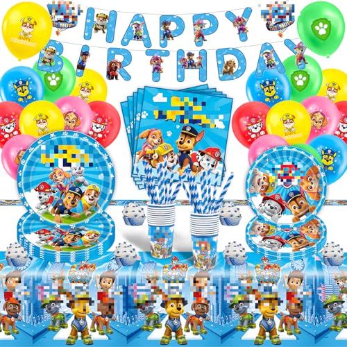 wdw2 82Pcs Dog Pappteller Kindergeburtstag+Geburtstag Deko, Geburtstag Geschirr Set, Tortendeko Geburtstag, Becher Servietten Tischdecke Set Partygeschirr Geburtstag Kindergeburtstag für 20 Personen von yumcute