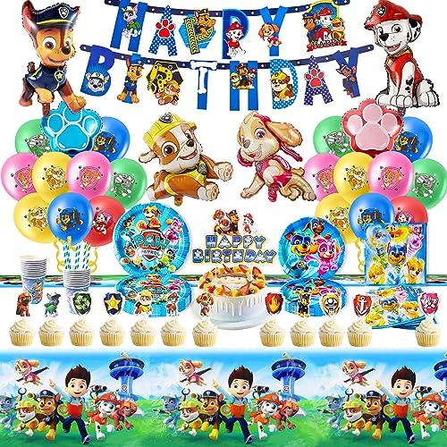 yumcute 105PCS Pappteller Kindergeburtstag+Paw Dog Patrol Geburtstag Deko, Geburtstag Geschirr Set, Becher Servietten Tischdecke Set Partygeschirr Geburtstag Kindergeburtstag für 20 Personen von yumcute