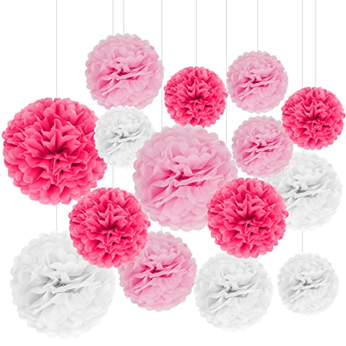 yumcute 15 Stück Rosa Seidenpapier Pom Poms Kit, 15er Pompons Deko Rosa Hochzeitsdeko Handgefertigte Pompons Papier Pompons Blumen Ball Dekorpapier Set für Geburtstag Hochzeit Taufe Konfirmation von yumcute