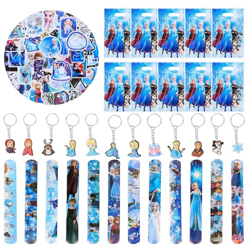 yumcute 84 Stück Frozen Kindergeburtstag Party Mitgebsel Set Schneeflocke Party Mitgebsel Set Tattoo Kinder Aufkleber Geschenktüten Schlüsselanhänger Slap Armbänder für Mädchen Jungen Party Geschenke von yumcute