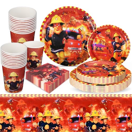 yumcute Feuerwehrmann Partygeschirr Set, 51 Stück Geburtstag Partygeschirr Set, Feuerwehrmann Kindergeburtstag Deko Party Supplies Enthält Teller Pappbecher Servietten Tischdecke für 10 Gäste von yumcute