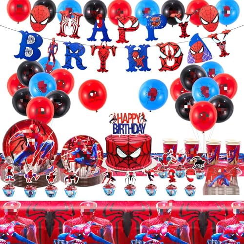 yumcute Geburtstags Hero Geburtstagsdeko 96 Stück Partygeschirr Geburtstag Kindergeburtstag Dekoration Party Teller Becher Luftballons Servietten Tischdecke Spider Geburtstag Deko für 10 Kinder von yumcute