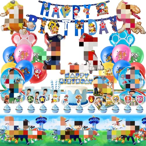 yumcute Servietten Kindergeburtstag, Dog Geburtstagsdeko, 105pcs Geburtstag Deko Geschirr, Servietten, Muffin Deko, Kuchen Deko, Luftballon, Tischdecke, Banner, Geschenkpapier, Becher, Strohhalme von yumcute