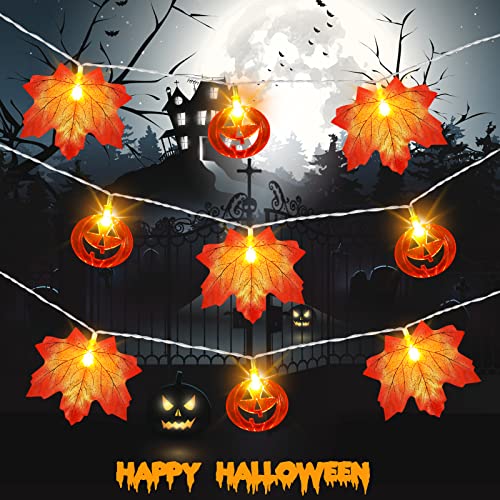 yumcute Halloween Lichterketten, 20 LED Halloween Dekolichter, Halloween Deko Lichterkette, Halloween Led Lichterkette mit Kürbis und Ahornblatt für Halloween Dekorationen im Innen und Außenbereich von yumcute