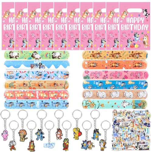 yumcute Kindergeburtstag Party Mitgebsel Set,84pcs Rosa Dog Gastgeschenke Pinata Füllung Give Aways Schlüsselanhänger Tattoo-Aufkleber, Schnapparmband Geschenktüten für Kindergeburtstagsparty-Zubehör von yumcute