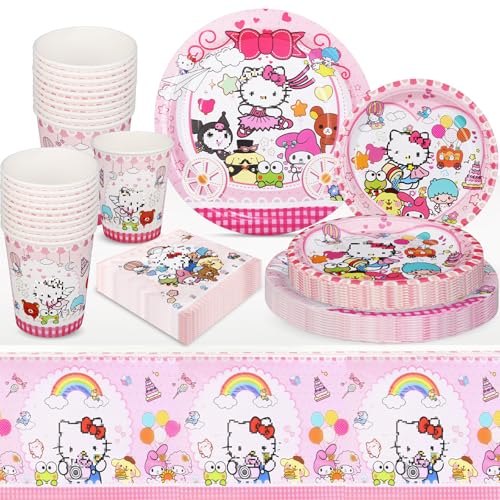 yumcute Partygeschirr Set, 51 Stück Rosa Geburtstag Partygeschirr Set, Kindergeburtstag Deko Party Supplies Enthält Teller Pappbecher Servietten Tischdecke für 10 Gäste von yumcute