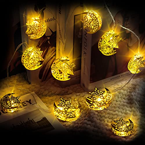 yumcute Ramadan Lichterkette, 10 LED Ramadan Deko Muslim Lichter Beleuchtung Aslamische Kalender Dekoration Mond und Sterne Batterie Betrieben Islam Party für Außen Innen Festival Schlafzimmer von yumcute