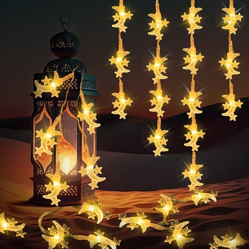 yumcute Ramadan Lichterkette, 80 LED 10M Ramadan Deko Muslim Lichter Beleuchtung Aslamische Kalender Dekoration Mond und Sterne Batterie Betrieben Islam Party für Außen Innen Festival Schlafzimmer von yumcute