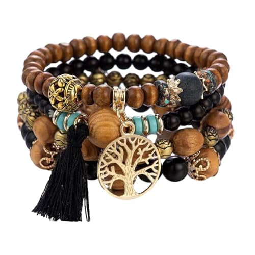 yuwqqoajv 4 teiliges Armband Set mit Holzperlen, Eleganz und Schönheit, Geschenk für Ihre Lieben, Armband mit 6 cm Durchmesser, Perlenarmband, Schwarz von yuwqqoajv