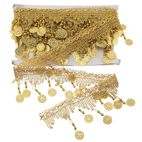 yyangz 1 Rolle 4,5 m DIY Gold Quaste Spitze Polyester DIY Bauchtanz Performance Kostüm Zubehör Stoff Nähen Borten Verwendung als Möbeldekorationen Besatz Vorhänge Trimmen dekorative Kissen von yyangz