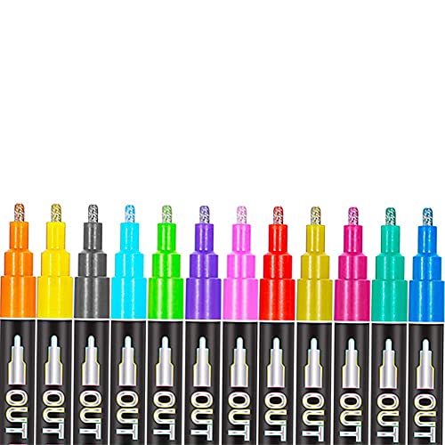 zabeto 12 Farben Umriss-Metallic-Marker, Acrylfarben-Marker, Farbstift, Glitzer-Zeichenstift für, Felsmalerei von zabeto