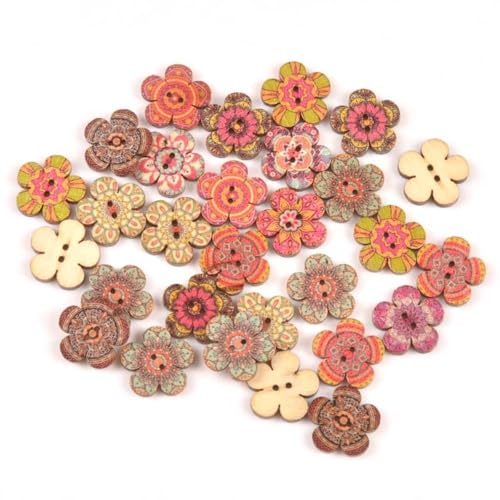 Holzknöpfe, gemischte Farben, 2 Löcher, Blumenform, dekorative Knöpfe, Blumenmalerei, Holzknöpfe, 15 mm, 20 mm, 25 mm, 300 Stück von zaoalife