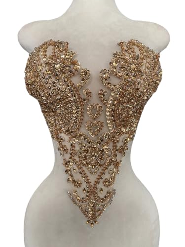 Zbroh Handgefertigte Mieder-Strass-Applikation, Nähen, Glasperlen, Steine, Kristallbesatz, Spitzenaufnäher für Kleid, Kleidung, Accessoires, 33 x 45 cm, Champagner von zbroh