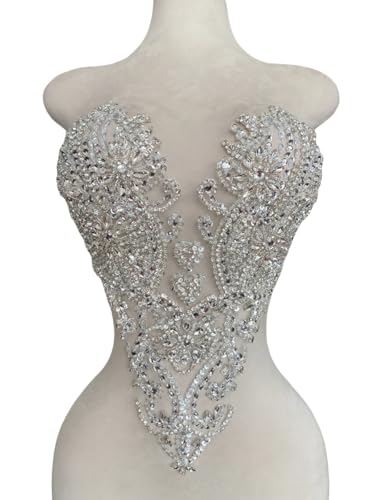 Zbroh Handgefertigte Mieder-Strass-Applikation, Nähen, Glasperlen, Steine, Kristallbesatz, Spitzenaufnäher für Kleid, Kleidung, Accessoires, 33 x 45 cm (Silber) von zbroh