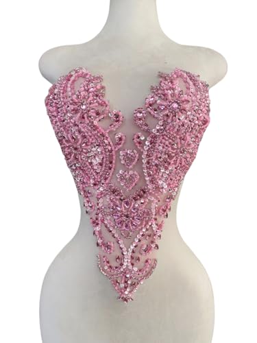 Zbroh Handgefertigte Mieder-Strass-Applikation, zum Nähen, Glasperlen, Steine, Kristallbesatz, Spitzenaufnäher für Kleid, Kleidung, Accessoires, 33 x 45 cm, Rosa von zbroh