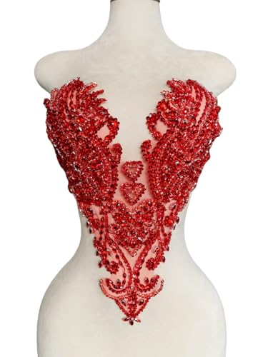 Zbroh Handgefertigte Mieder-Strass-Applikation, zum Nähen, Glasperlen, Steine, Kristallbesatz, Spitzenaufnäher für Kleid, Kleidung, Accessoires, 33 x 45 cm, Rot von zbroh