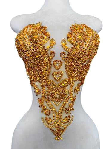 Zbroh Handgefertigte Mieder-Strass-Applikation, zum Nähen, Glasperlen, Steine, Kristallbesatz, Spitzenaufnäher für Kleid, Kleidung, Accessoires, 33 x 45 cm (Gold) von zbroh