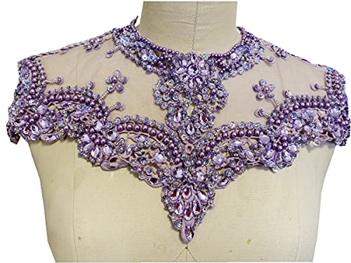 Zbroh Handgefertigter Strass-Aufnäher, Trin, Spitze, zum Aufnähen, Perlen, Pailletten, Applikation für Kleid, Kleidung, Ausschnitt (hellviolett) von zbroh