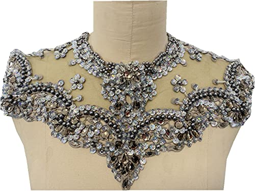 Zbroh Handgefertigter Strass-Aufnäher mit Trin-Spitze, zum Aufnähen, Perlen, Pailletten, Applikation für Kleid, Kleidung, Ausschnitt (grau) von zbroh