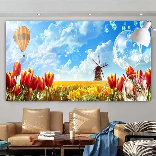 Diamond Painting Erwachsene Set,5D DIY Diamant Painting Bilder Windmühle,Blume Full Diamant Malerei Cross Stitch Stickerei Set Anfänger,Diamant Painting für Wanddekoration Geschenk 75x150cm X-115 von zcscgtrhe