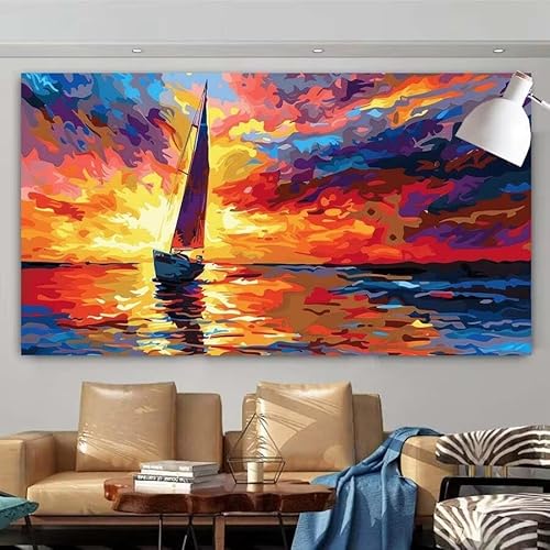 Diamond Painting Erwachsene Set,5D Diamant Painting Bilder Segelboot,Sonnenuntergang Full Diamant Malerei Cross Stitch Stickerei Set Anfänger,Diamant Painting Wanddekoration Geschenk 100x200cm X-107 von zcscgtrhe