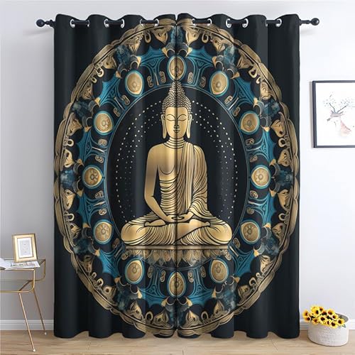 zcwl Buddha Vorhänge, Verdunklungsvorhänge mit Ösen, Vorhang Blickdicht für Wohnzimmer Schlafzimmer Dekoration, Gardinen mit Muster, 2er Set, 245 x 140 cm (HöhexBreite) von zcwl