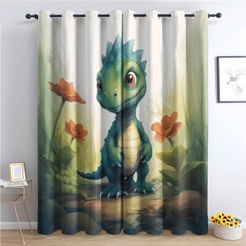 zcwl Niedlicher Dinosaurier Vorhänge, Junge Verdunklungsvorhänge mit Ösen, Vorhang Blickdicht für Wohnzimmer Schlafzimmer Dekoration, Gardinen mit Muster, 2er Set, 145 x 140 cm (HöhexBreite) von zcwl