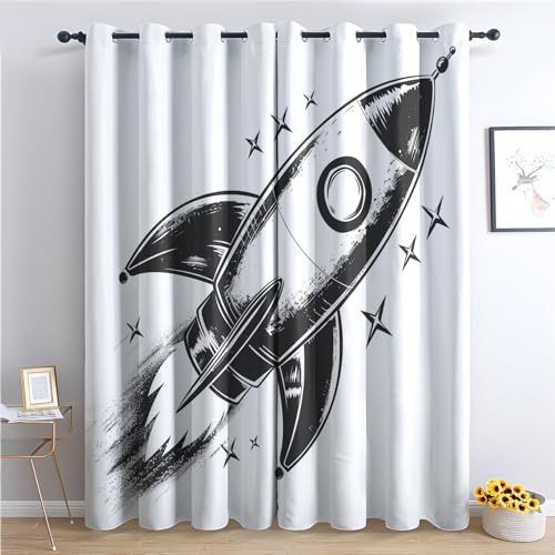 zcwl Rakete Vorhänge, Kinderraum Verdunklungsvorhänge mit Ösen, Vorhang Blickdicht für Wohnzimmer Schlafzimmer Dekoration, Gardinen mit Muster, 2er Set, 200 x 140 cm (HöhexBreite) von zcwl