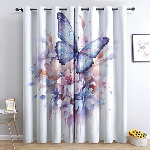 zcwl Schmetterling Vorhänge, Verdunklungsvorhänge mit Ösen, Vorhang Blickdicht für Wohnzimmer Schlafzimmer Dekoration, Gardinen mit Muster, 2er Set, 137 x 117 cm (HöhexBreite) von zcwl