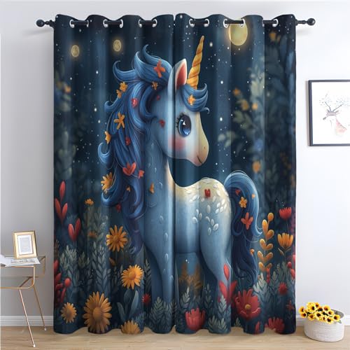 zcwl Süßes Einhorn Vorhänge, Mädchen Verdunklungsvorhänge mit Ösen, Vorhang Blickdicht für Wohnzimmer Schlafzimmer Dekoration, Gardinen mit Muster, 2er Set, 145 x 140 cm (HöhexBreite) von zcwl