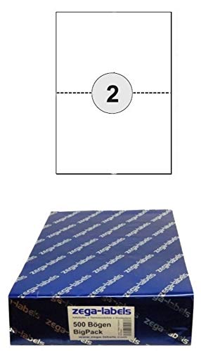 1.000 Etiketten 210 x 148 mm perforiert und selbstklebend auf DIN A4 Bögen (1x2 Etiketten DIN A5) - 500 Blatt Bigpack - mit zusätzlicher Rückseiten Perforation zum Abreissen - f. Laser/Inkjet/Kopierer von zega-labels