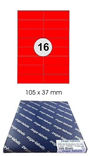 1.600 Etiketten 105 x 37 mm ROT selbstklebend auf DIN A4 Bögen (2x8 Etiketten) - 100 Blatt Pack - Universell für Laser/Inkjet/Kopierer einsetzbar - 105x37mm 16-teilig von zega-labels