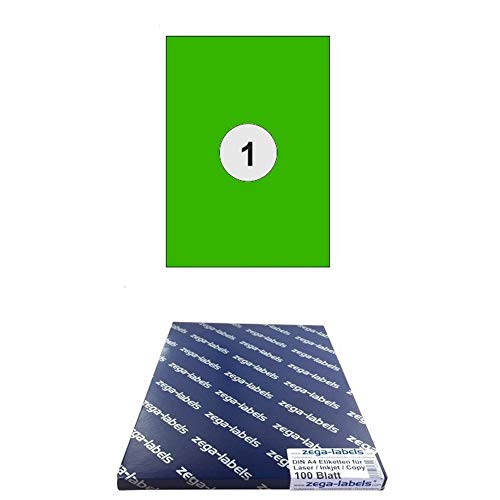 100 Etiketten 210 x 297 mm GRÜN selbstklebend auf DIN A4 Bögen (1 Etikett DIN A4) - 100 Blatt Pack - Universell für Laser/Inkjet/Kopierer einsetzbar - 210x297mm 1-teilig von zega-labels