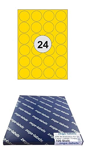 2.400 Etiketten 40 mm rund GELB selbstklebend auf DIN A4 Bögen (4x6 Etiketten) - 100 Blatt Pack - Universell für Laser/Inkjet/Kopierer/Farblaser einsetzbar - 40mm Durchmesser 24-teilig von zega-labels