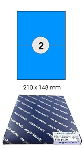 200 Etiketten 210 x 148 mm BLAU selbstklebend auf DIN A4 Bögen (1x2 Etiketten) - 100 Blatt Pack - Universell für Laser/Inkjet/Kopierer/Farblaser einsetzbar - 210x148mm 2-teilig von zega-labels