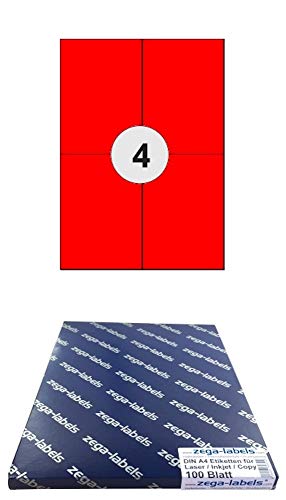 400 Etiketten 105 x 148 mm ROT selbstklebend auf DIN A4 Bögen (2x2 Etiketten) - 100 Blatt Pack - Universell für Laser/Inkjet/Kopierer/Farblaser einsetzbar - 105x148mm 4-teilig von zega-labels