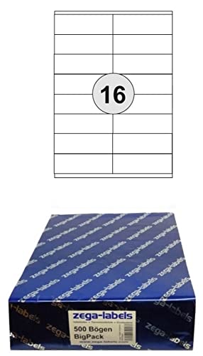 8.000 Etiketten 105 x 35 mm selbstklebend auf DIN A4 Bögen (2x8 Etiketten) - 500 Blatt Bigpack - Universell für Laser/Inkjet/Kopierer/Farblaser einsetzbar - 105x35mm 16-teilig von zega-labels