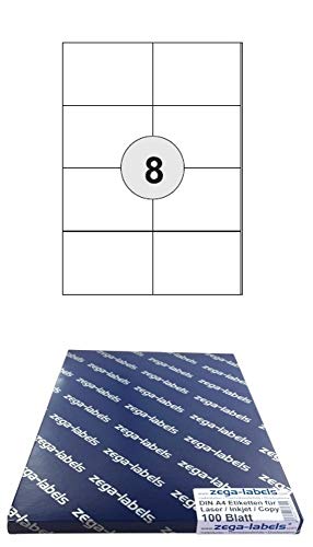 800 Etiketten 105 x 74 mm wetterfeste Polyester Folie weiss matt stark haftend auf DIN A4 Bögen (2x4 Etiketten DIN A7) - 100 Blatt Pack - Universell für Laser/Farblaser einsetzbar - 8-teilig von zega-labels